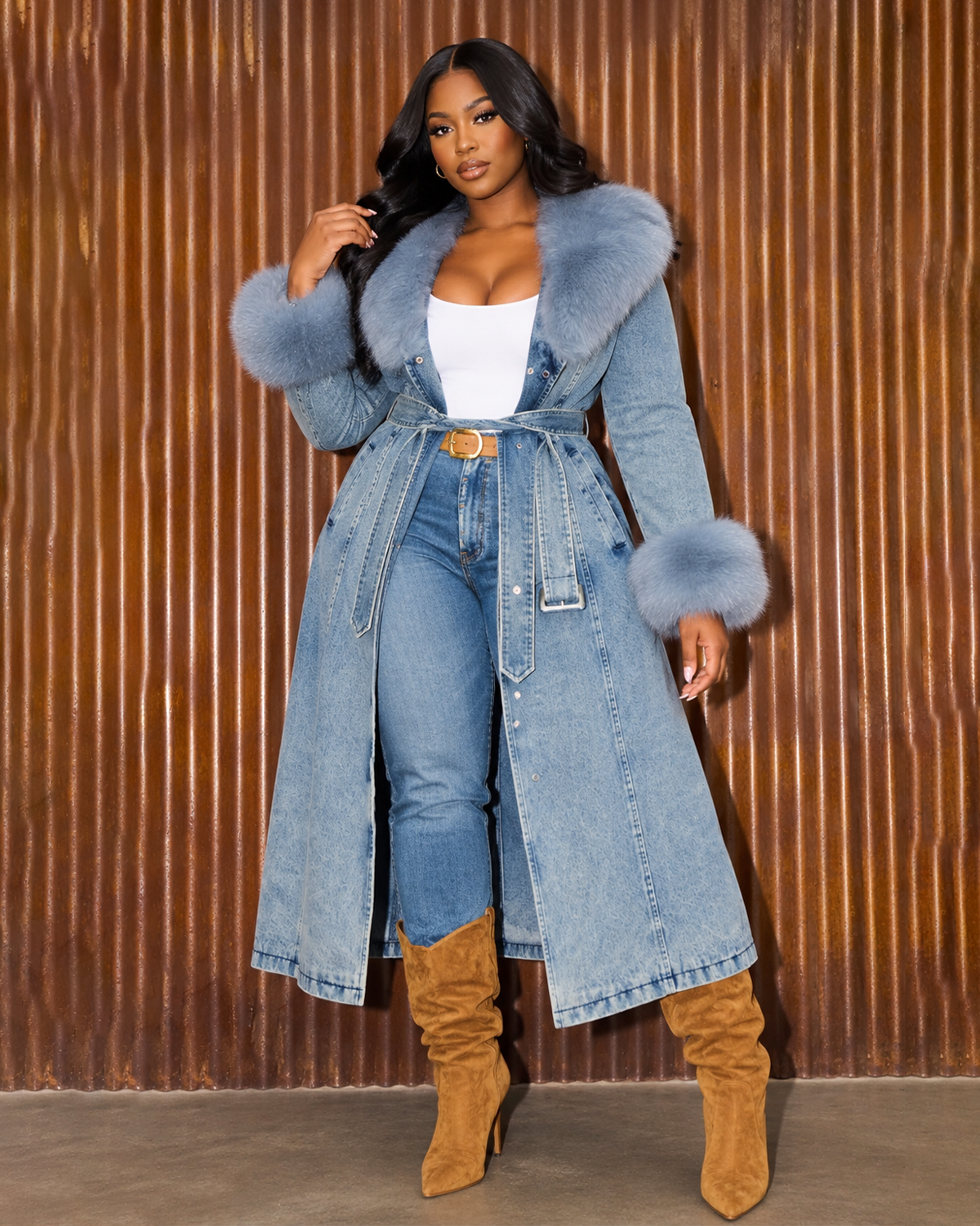 Washed denim trench with dusty blue fur collar
