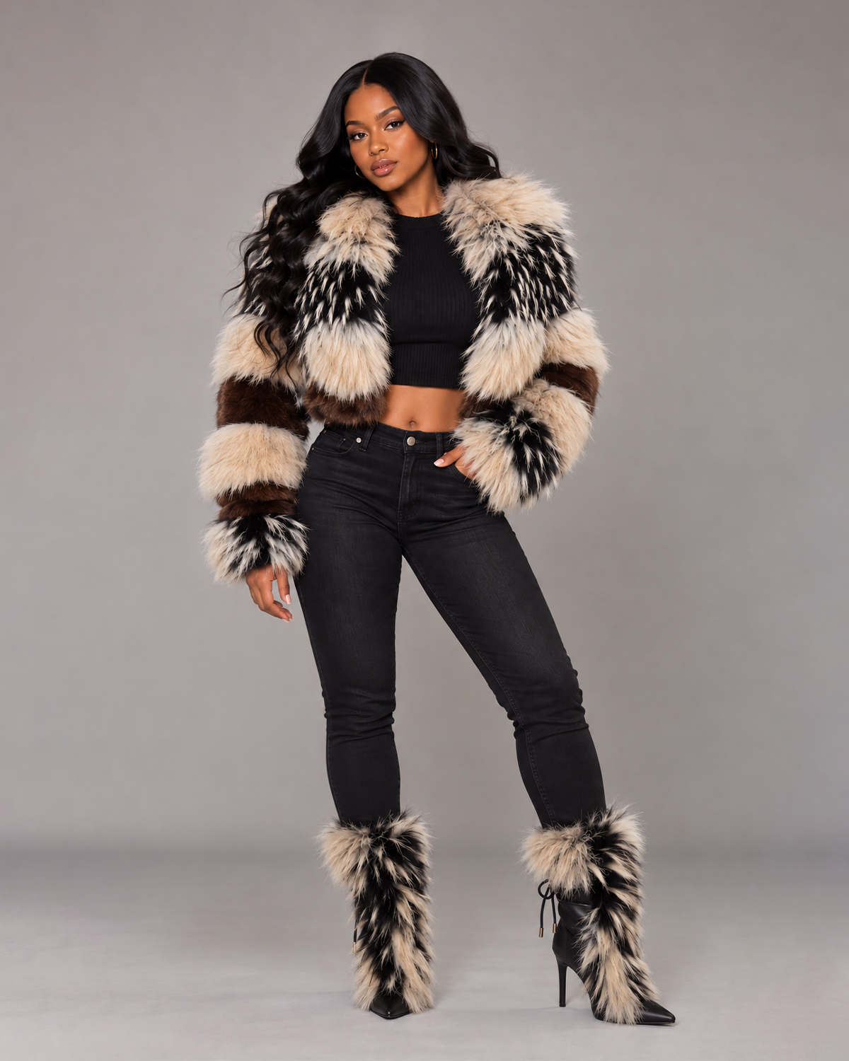 Cropped frost fox fur jacket with matching boot covers