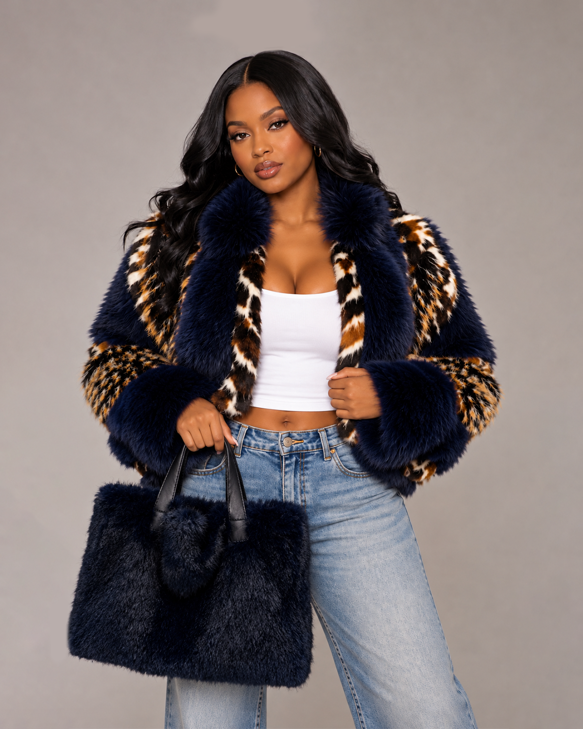 Midnight navy and leopard cropped fur jacket with tote